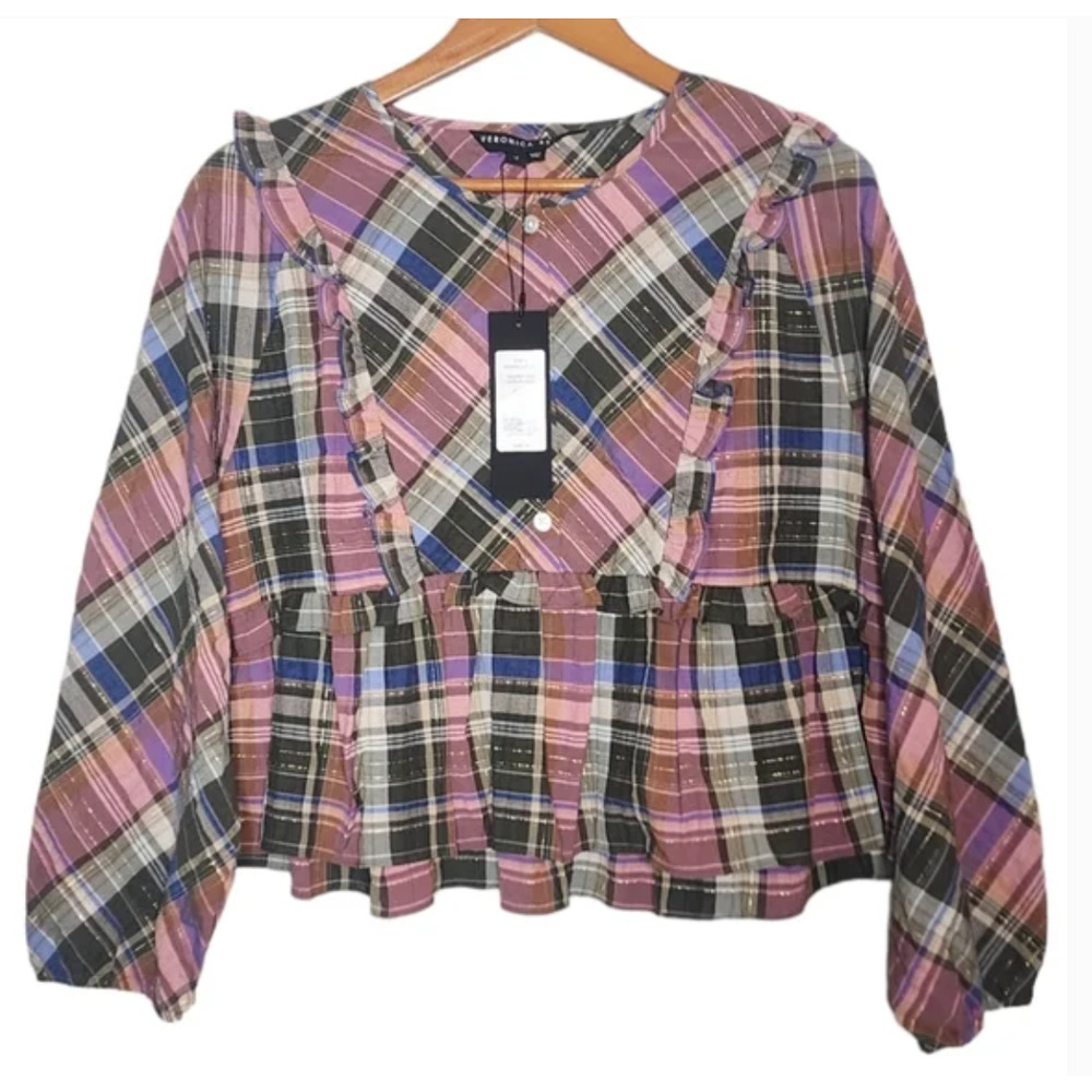 VERONICA BEARD Katalina Colorful Plaid Praire Lagenlook Ruffle Bib Blouse‎ - Picture 4 of 8